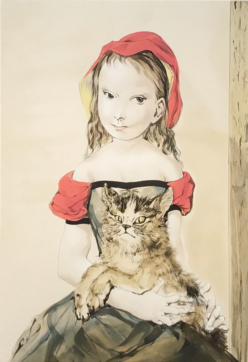 美品 藤田嗣治「バルコニーの猫と少女」リトグラフ 版上サイン有 